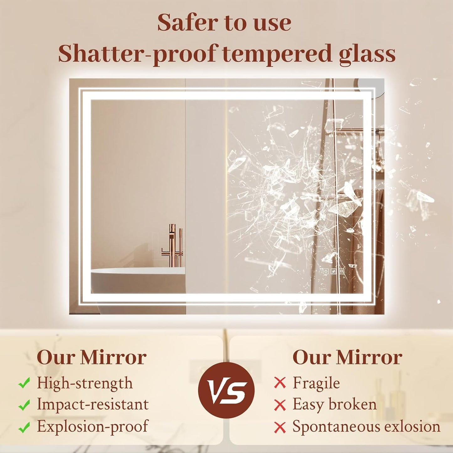 24X32 LED Mirror for Bathroom with Front and Backlit Light up Digital Mirrors for Wall,Anti Fog,Stepless Dimmable,Tempered Silver Glass Smart Vanity Mirror for Bathroom
