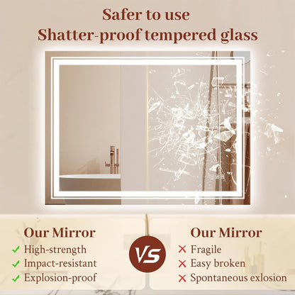 24X32 LED Mirror for Bathroom with Front and Backlit Light up Digital Mirrors for Wall,Anti Fog,Stepless Dimmable,Tempered Silver Glass Smart Vanity Mirror for Bathroom