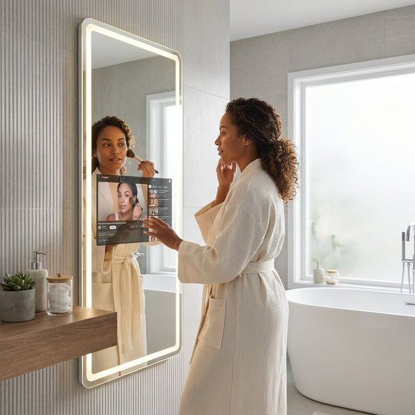 Smart Mirror Touch Screen Built for Modern Bathrooms, Waterproof Tempered Glass, LED Lighting, App Integration