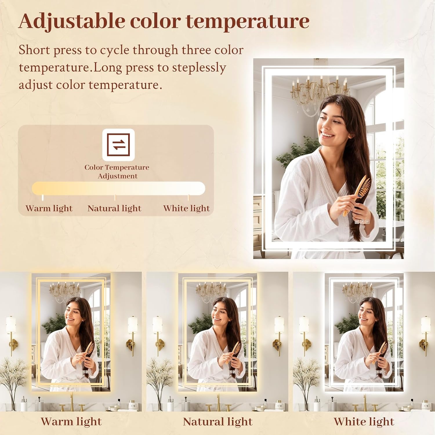 24X32 LED Mirror for Bathroom with Front and Backlit Light up Digital Mirrors for Wall,Anti Fog,Stepless Dimmable,Tempered Silver Glass Smart Vanity Mirror for Bathroom