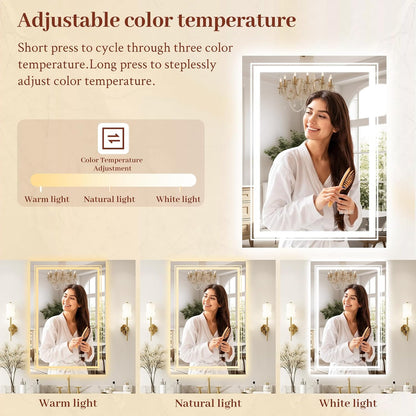 24X32 LED Mirror for Bathroom with Front and Backlit Light up Digital Mirrors for Wall,Anti Fog,Stepless Dimmable,Tempered Silver Glass Smart Vanity Mirror for Bathroom