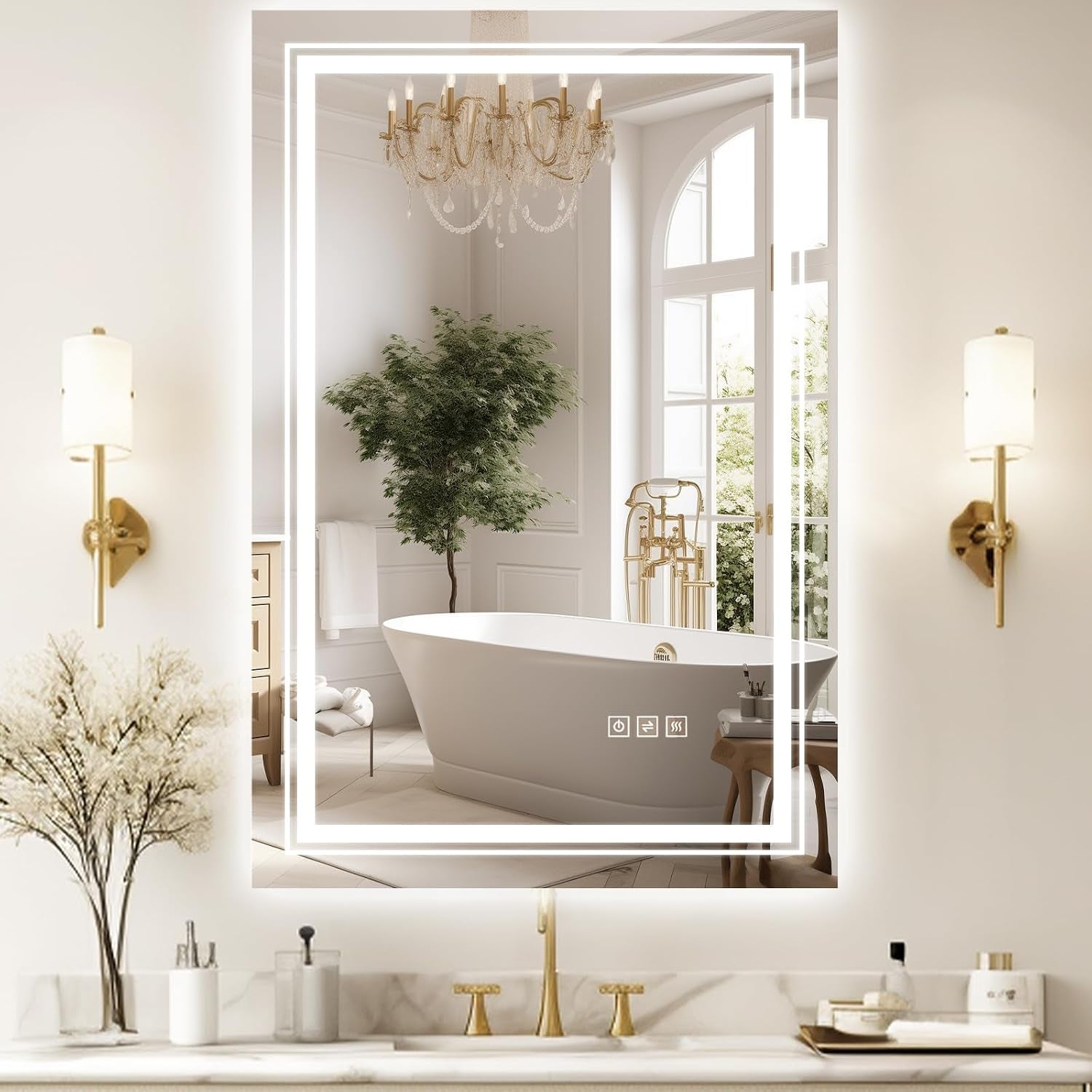 24X32 LED Mirror for Bathroom with Front and Backlit Light up Digital Mirrors for Wall,Anti Fog,Stepless Dimmable,Tempered Silver Glass Smart Vanity Mirror for Bathroom
