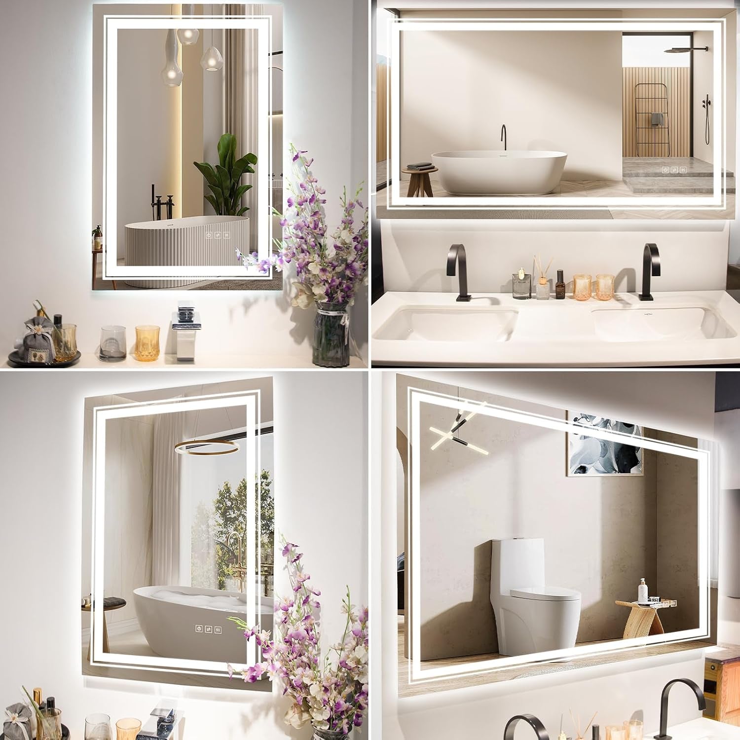 24X32 LED Mirror for Bathroom with Front and Backlit Light up Digital Mirrors for Wall,Anti Fog,Stepless Dimmable,Tempered Silver Glass Smart Vanity Mirror for Bathroom