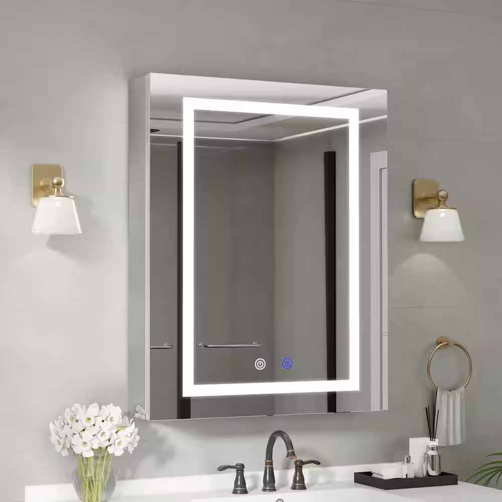 Aluminum Light Medicine Cabinet with Mirror, Defogging, Mounted Recessed or Surface